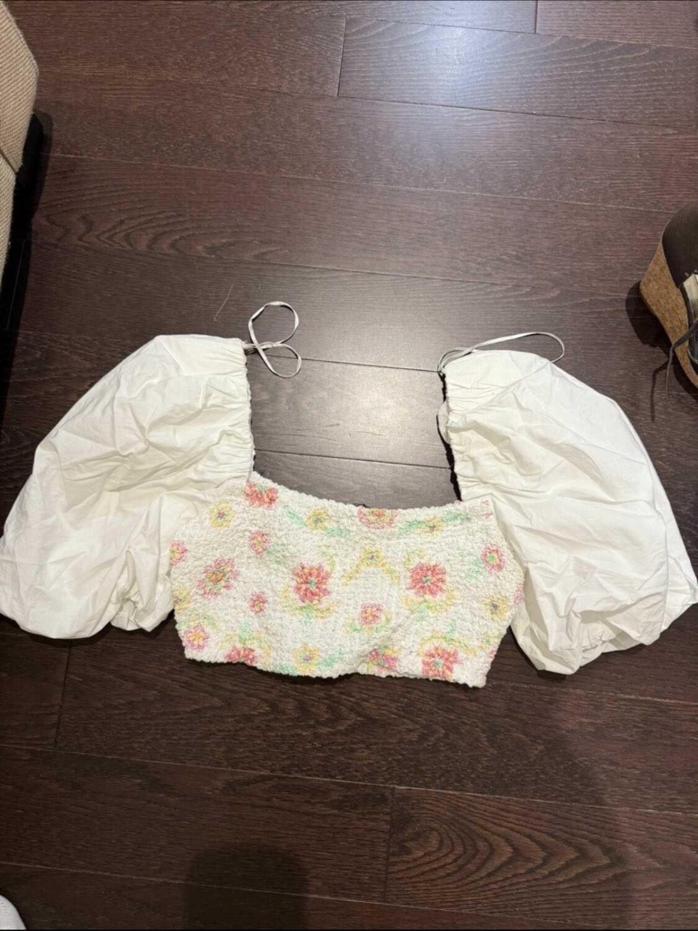 Zara Smocked Floral Crop Top with Puff Sleeves - White